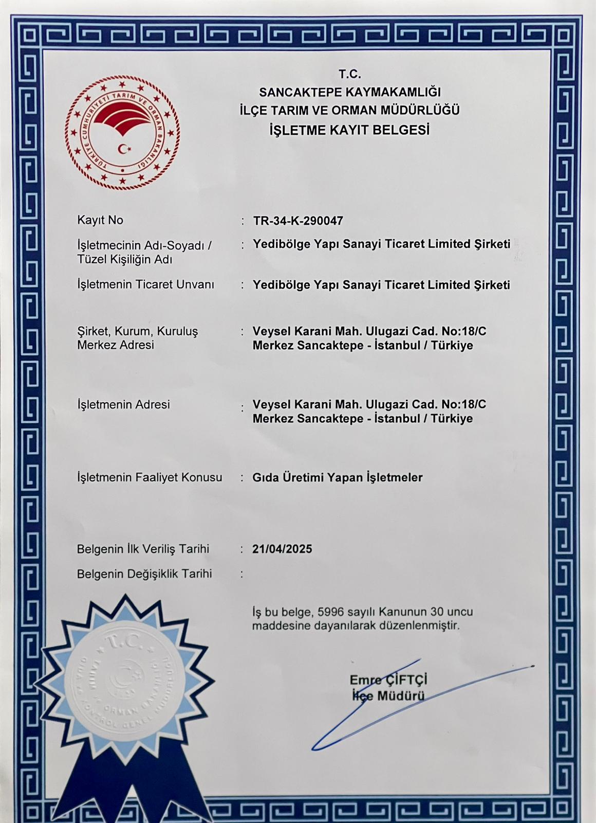 İşletme Kayıt Belgesi TR-34-K-290047