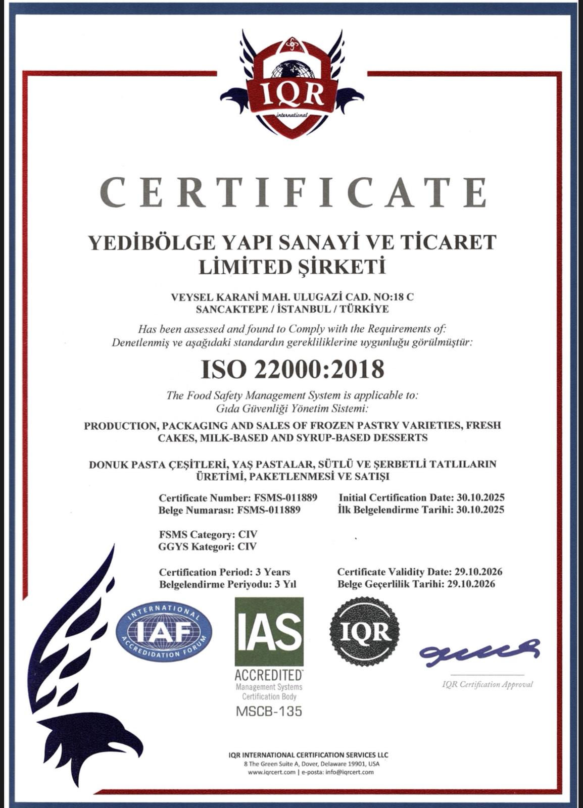 ISO 22000 Gıda Güvenliği Yönetim Sistemi Belgesi