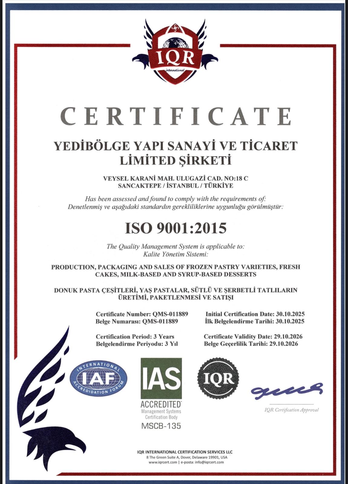 ISO 9001 Kalite Yönetim Sistemi Belgesi